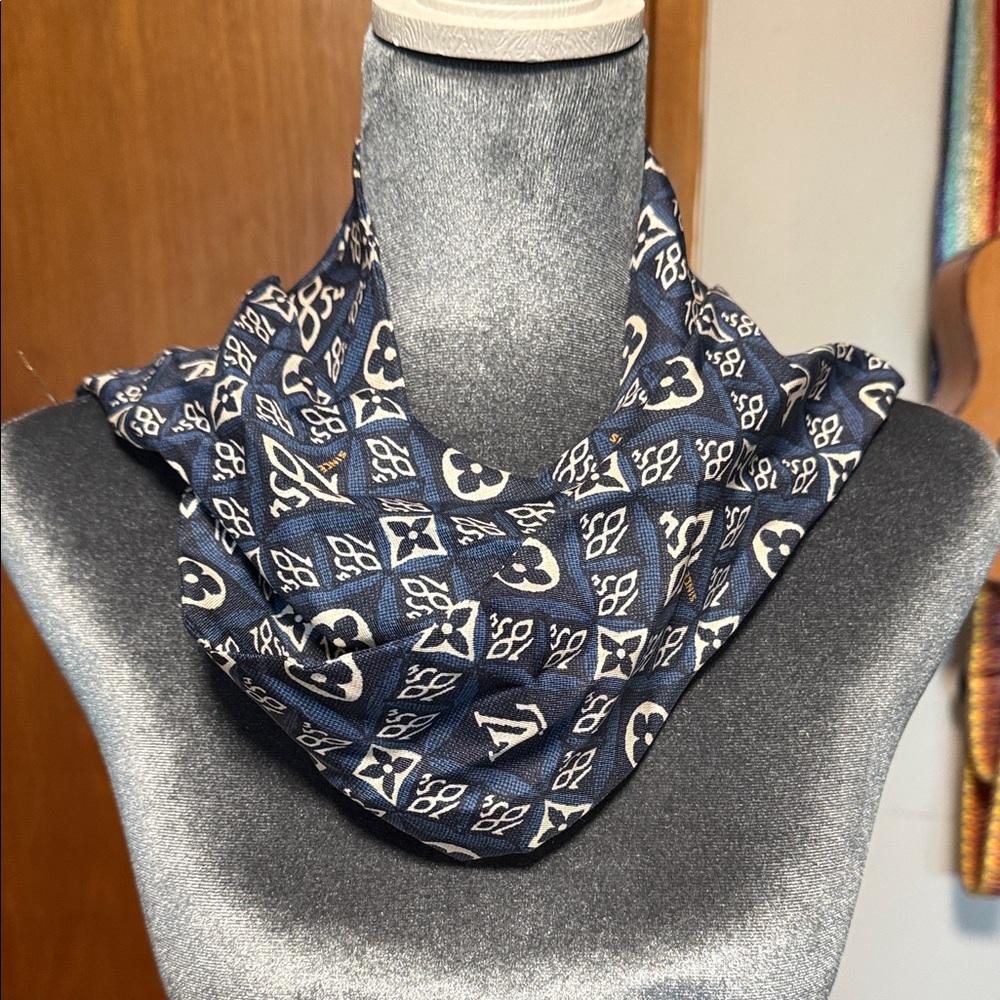 Louis Vuitton Blue and White Since 1854 Monogram Silk Bandeau Scarf - Picture 3 of 3